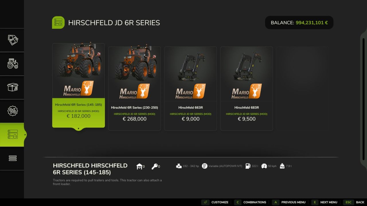 Leistungsstarker Traktor John Deere 6R Hirschfeld-Style für Farming Simulator 25