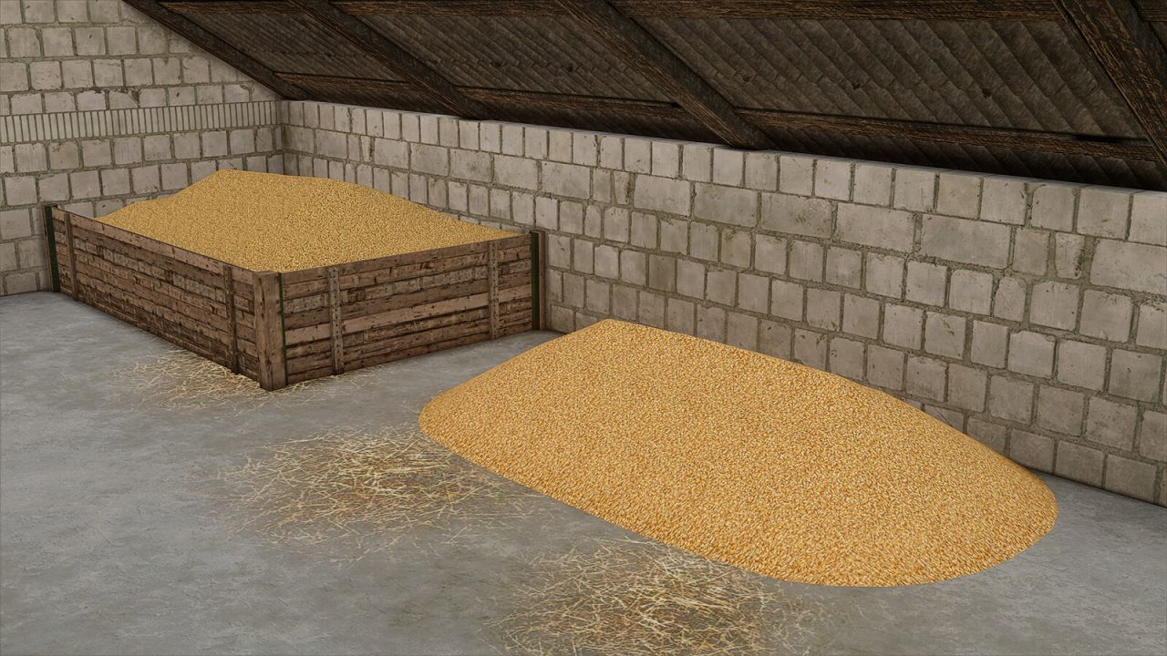 Practical Grain Boxes for FS25 — Cheap Grain Storage in Buildings and Attics