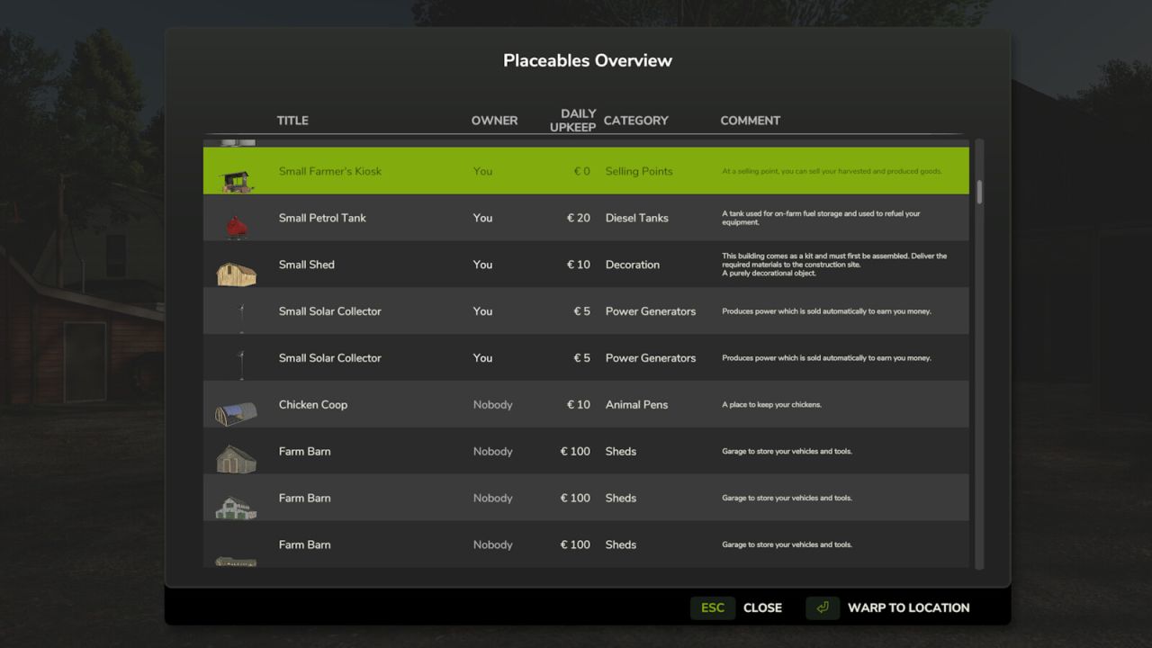 Мод Placeable Overview для Farming Simulator 25