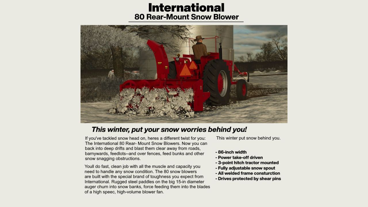 Надійний Снігоочисник International 80 Snow Blower для FS25 — Швидке Прибирання Снігу